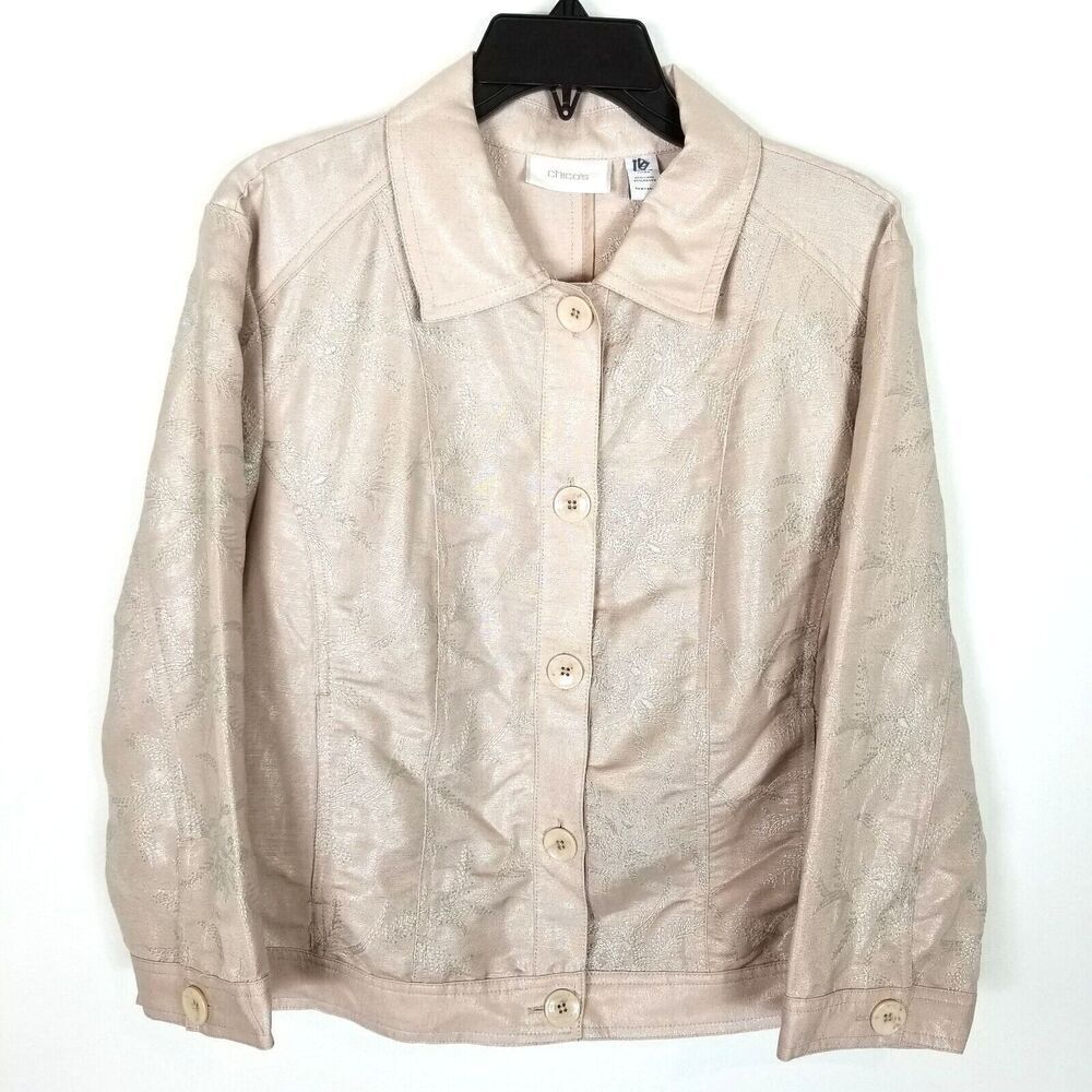 Chico's Women's Button Down Linen Blend Long Sleeve Light Jacket Sz L Beige